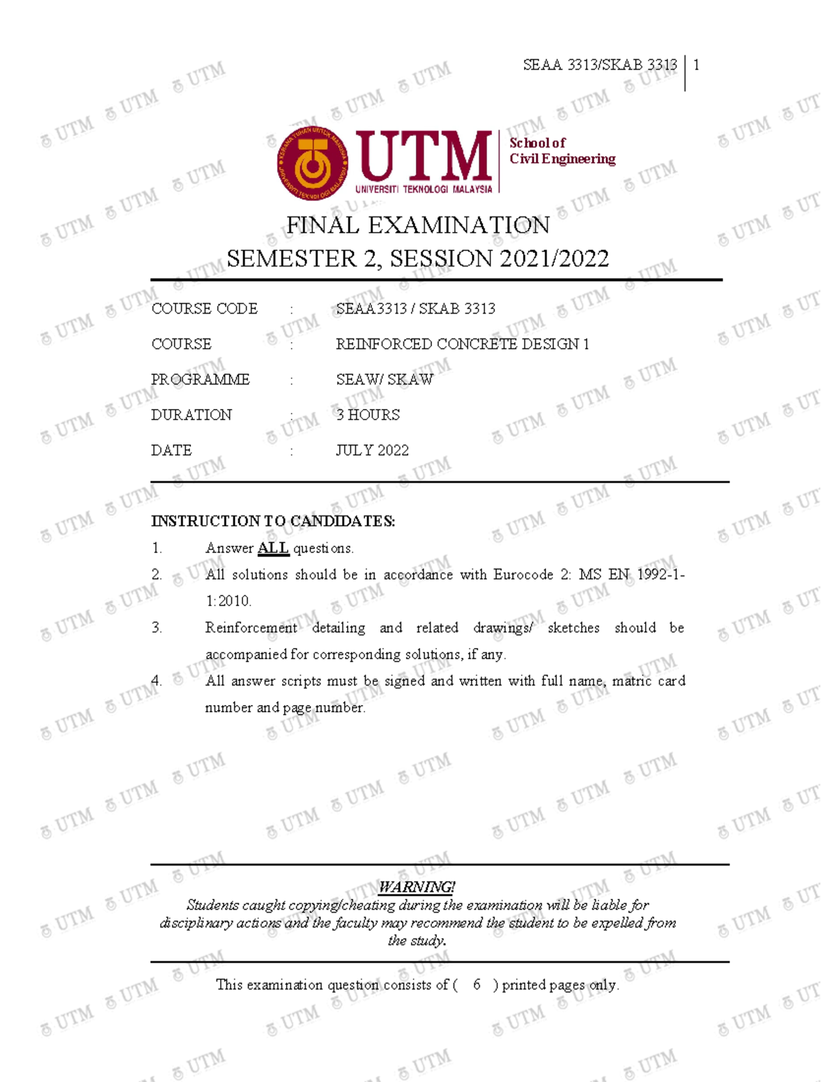 SEAA 3313 and SKAB 3313- Final EXAM - Q1 - SEAA 3313/SKAB 3313 1 FINAL ...