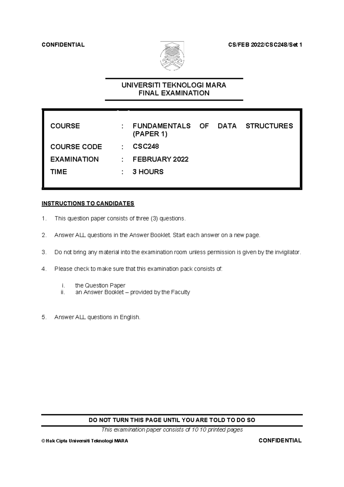 CSC248 Feb22Qu Set 1 - UNIVERSITI TEKNOLOGI MARA FINAL EXAMINATION ...