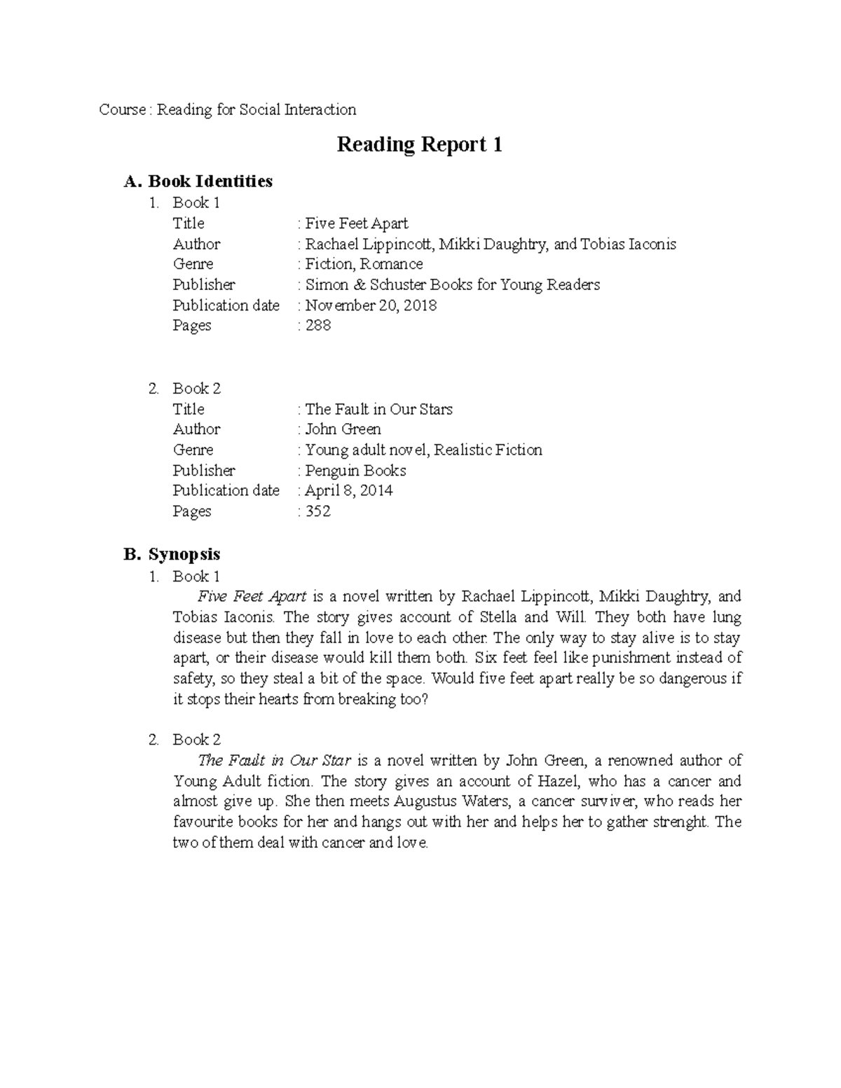 Reading report: Five Feet Apart - Course : Reading for Social ...