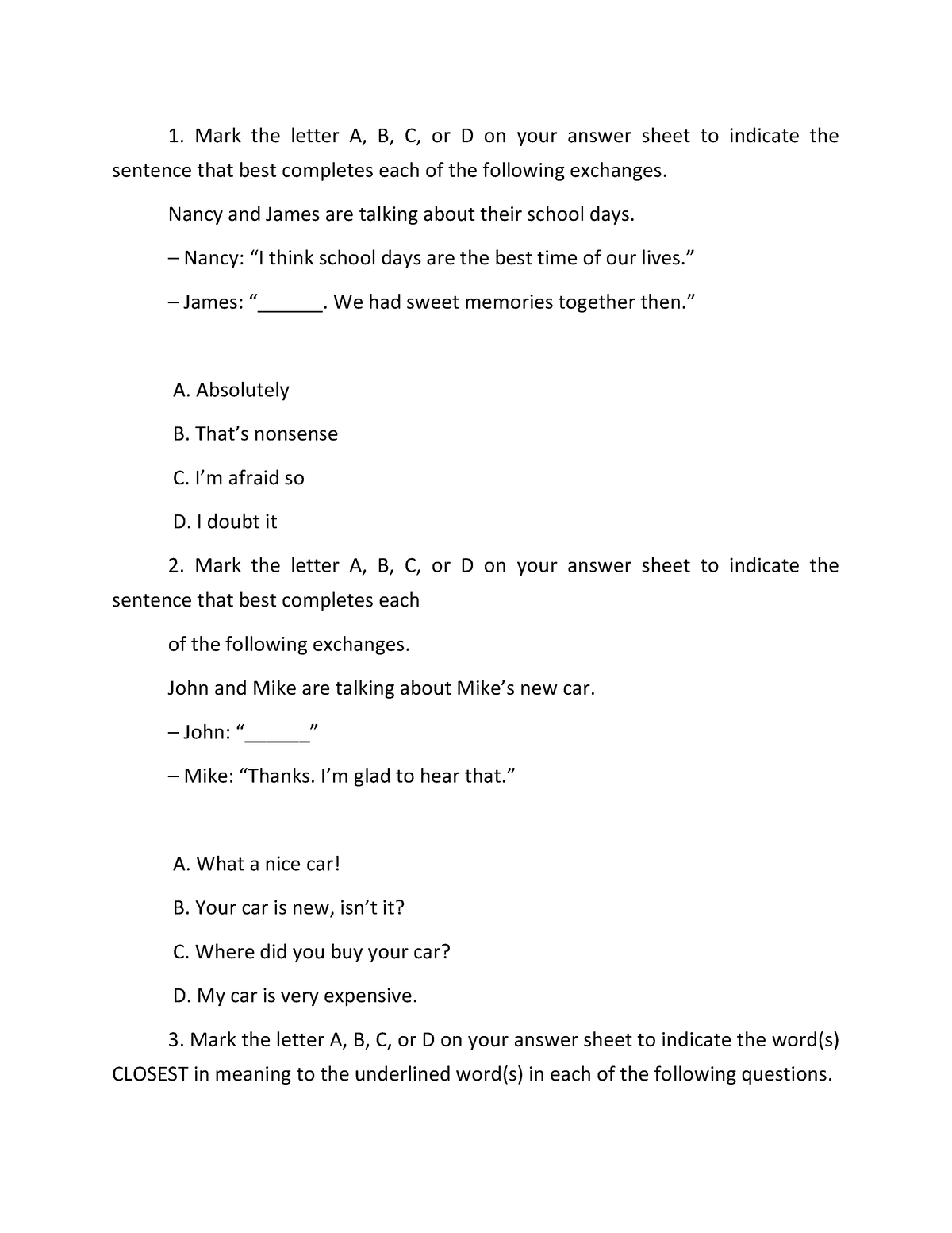 Entrance TEST - Mark The Letter A, B, C, Or D On Your Answer Sheet To ...