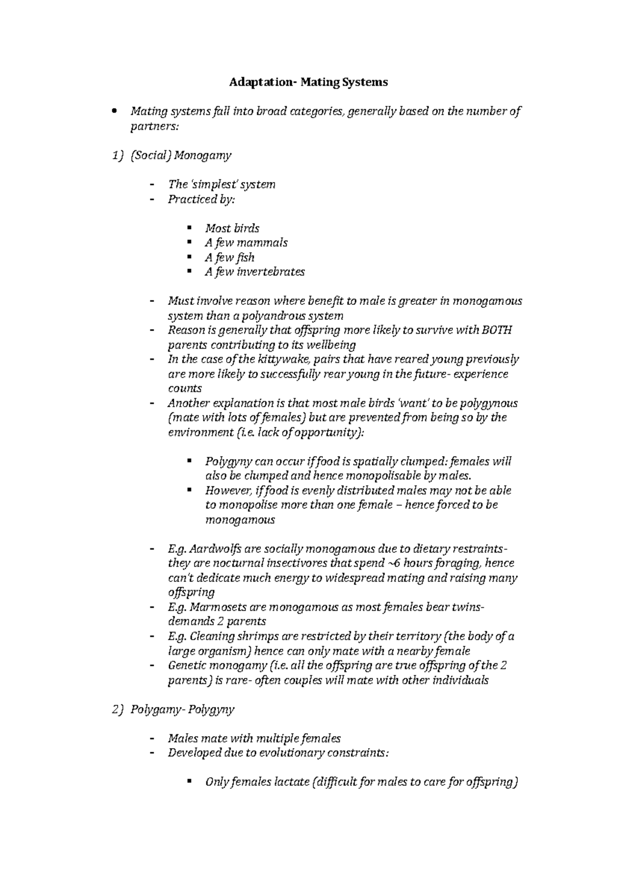 Adaptation - Mating - Adaptation- Mating Systems Mating systems fall ...