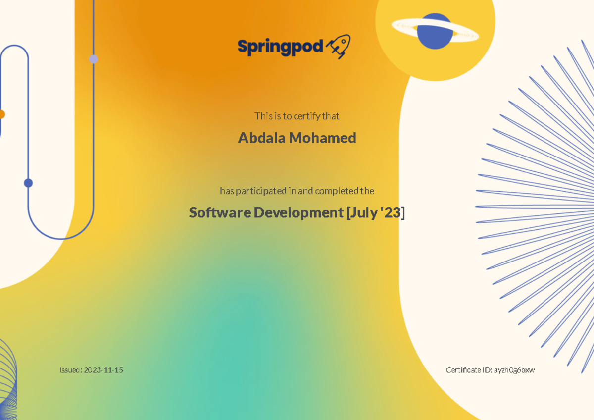 Abdala Mohamed - 2023-11-15 - BMD201 - This is to certify that Abdala ...