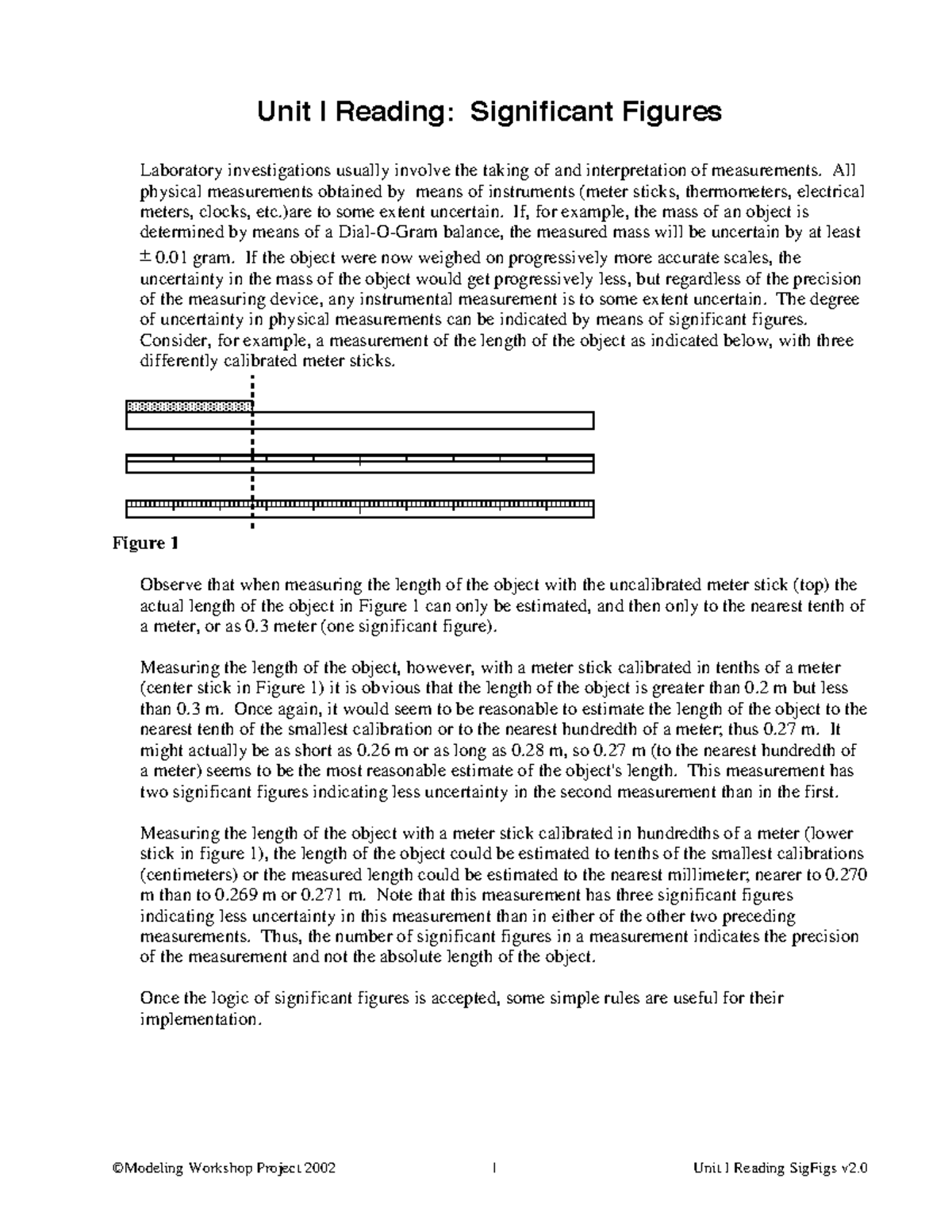 1. Lab 1 Prelab Reading - ©Modeling Workshop Project 2002 1 Unit I Reading SigFigs v2. Unit I ...