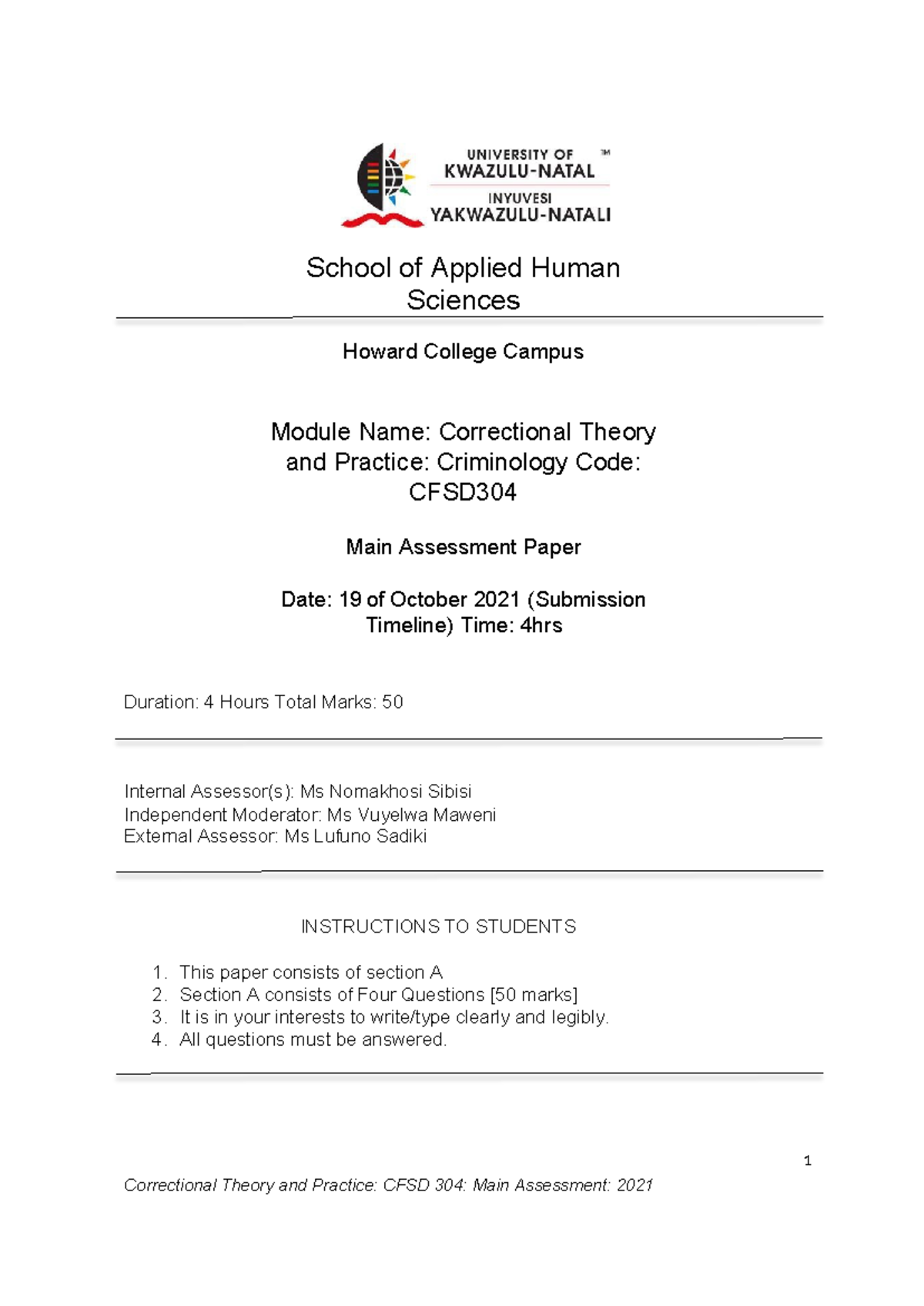 TEST 1 - School of Applied Human Sciences Howard College Campus Module ...