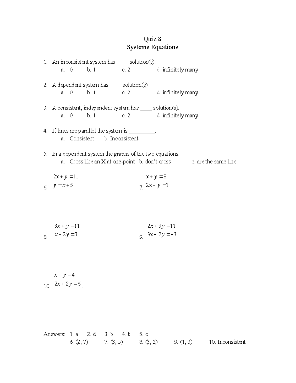 Quiz8 - Samples Quiz - Quiz 8 Systems Equations An inconsistent system ...