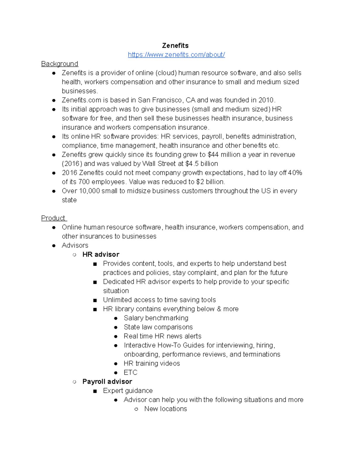 Product Plan Zenefits zenefits/about/ Background Zenefits is a