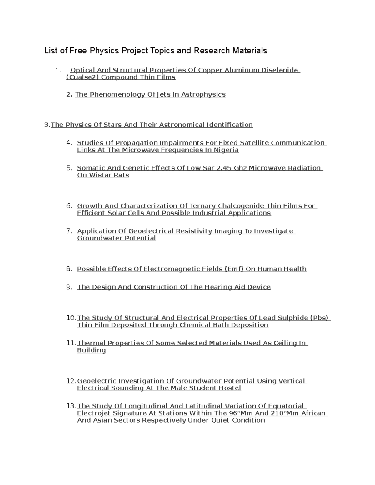 Document Free physics topic project 2022 List of Free Physics