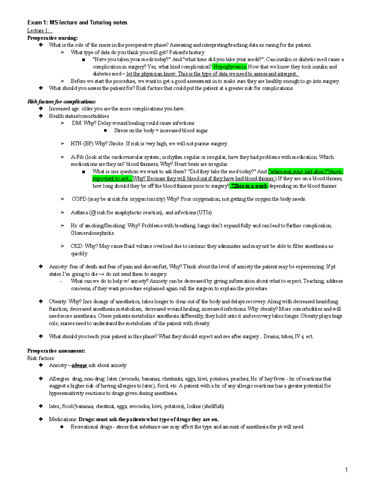 Exam 1- Med surg notes - Lecture 1: Preoperative nursing: What is the ...