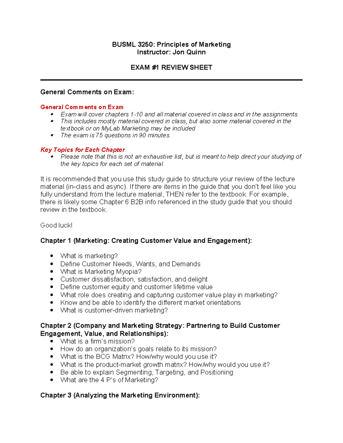 Exam #1 Review Sheet 3250 JQ SU23 - BUSML 3250: Principles Of Marketing ...