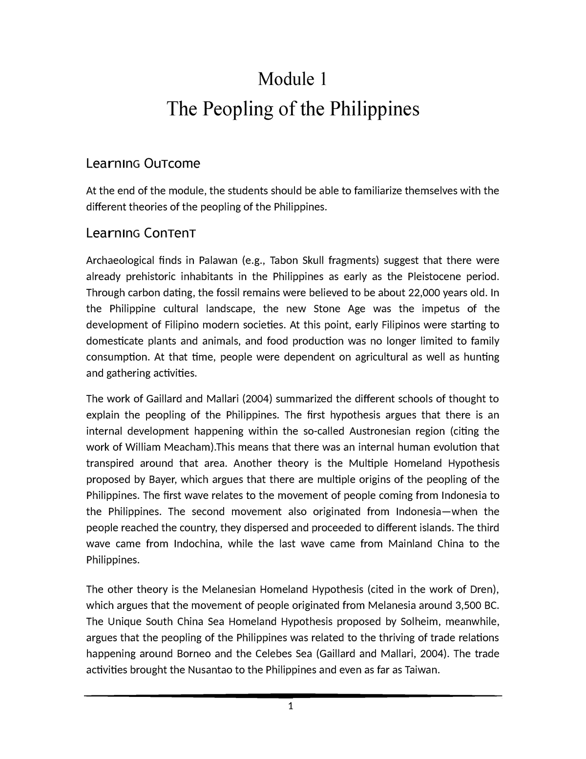 Module 1 - N/a - Module 1 The Peopling Of The Philippines Le A R NInG ...