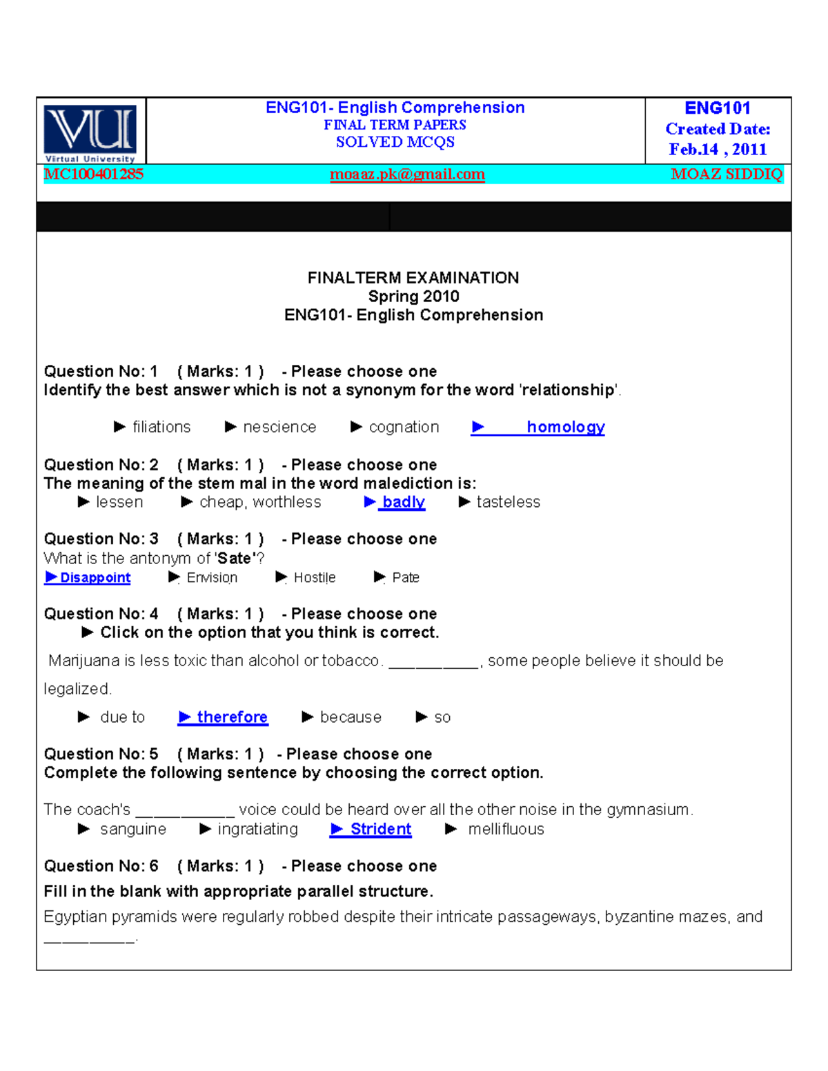 Eng101 Quiz 1 Solved By Asfand Yarr Eng101 English Comprehension Eng101 Quiz 1 Solved By Asfand Yarr Eng101 English Comprehension
