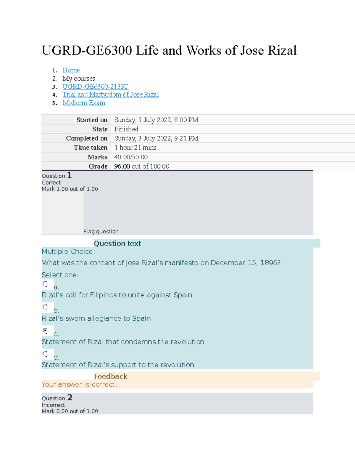 UGRD-GE6300 Life And Works Of Jose Rizal- Midterm Exam - UGRD-GE6300 ...