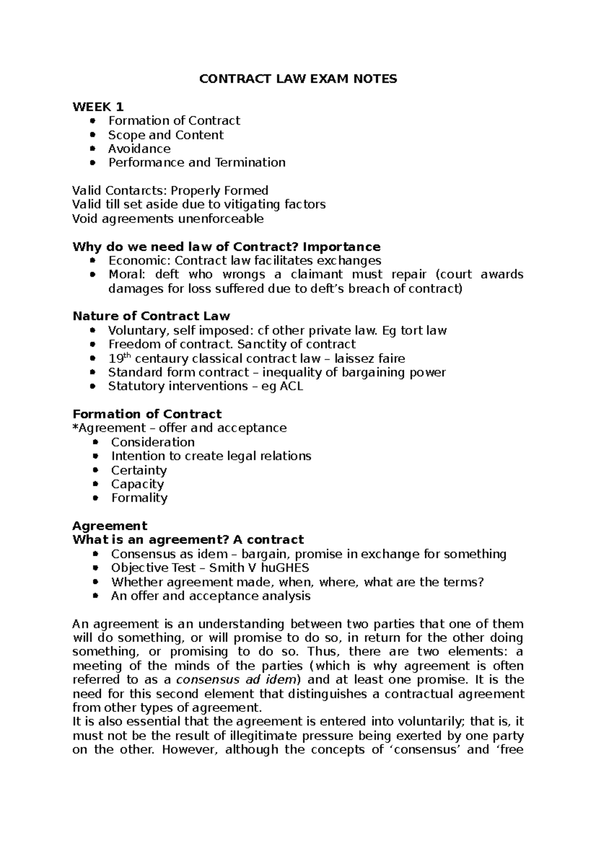 Contract LAW EXAM Notes - CONTRACT LAW EXAM NOTES WEEK 1 Formation Of ...