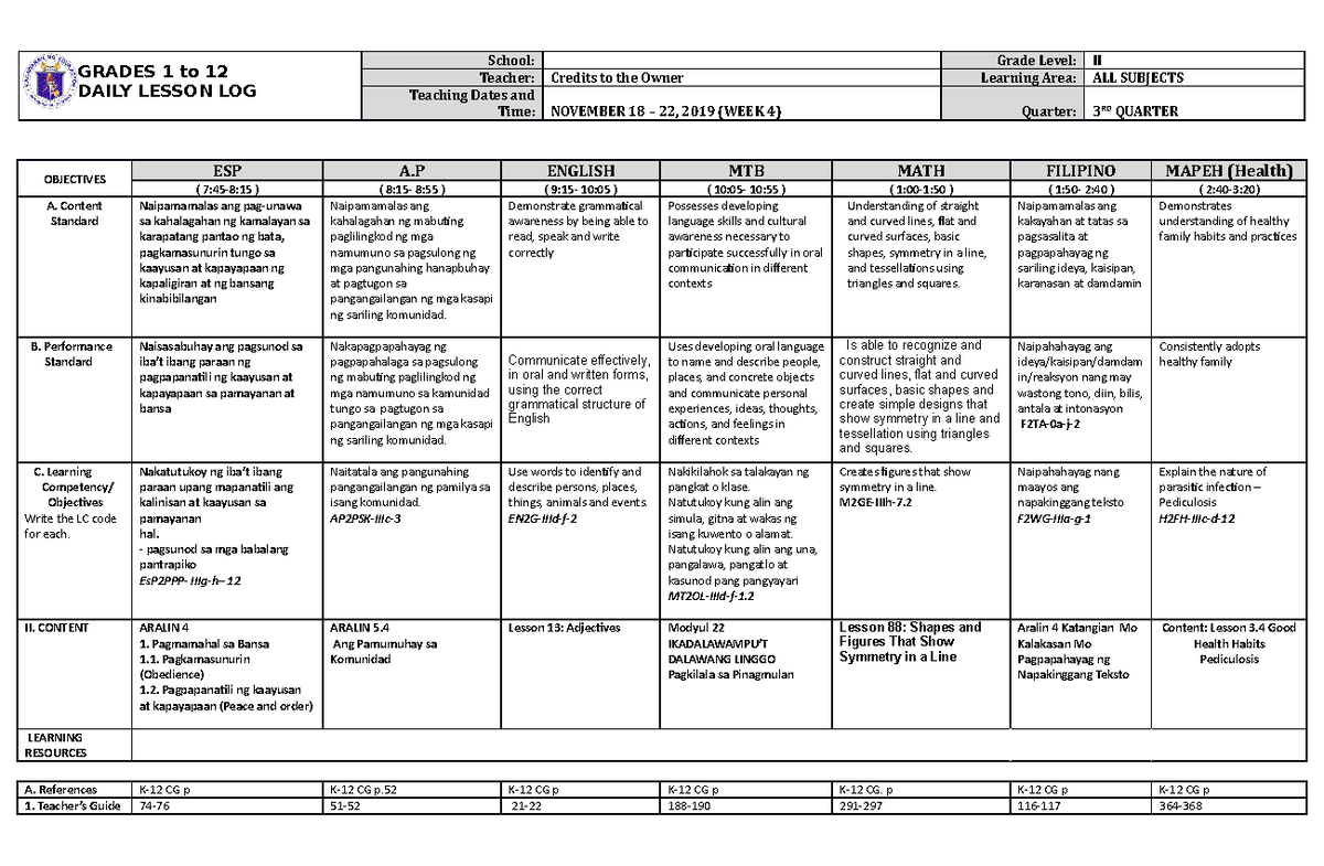 Dll All Subjects 2 Q3 W4 D1 Grades 1 To 12 Daily Lesson Log School Grade Level Ii Teacher 8355