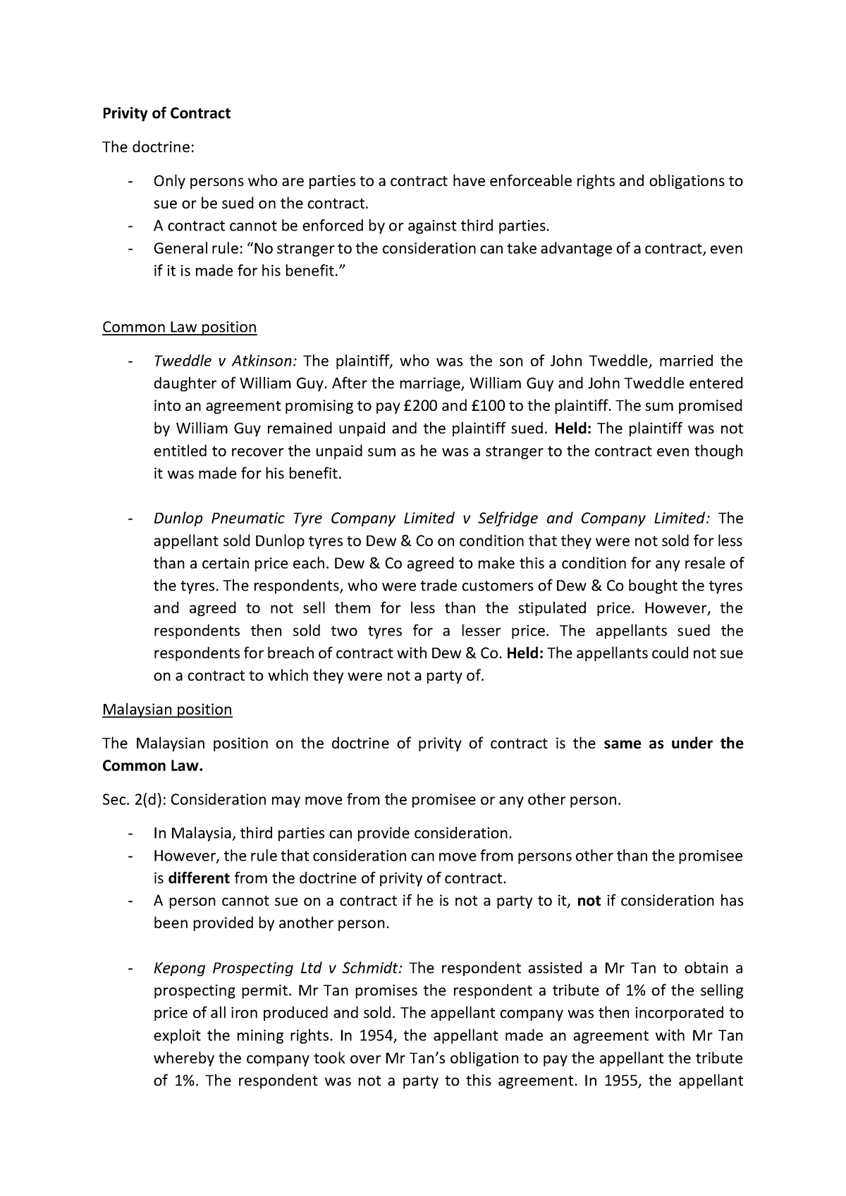 Contract Notes Privity of Contract - Privity of Contract The doctrine ...