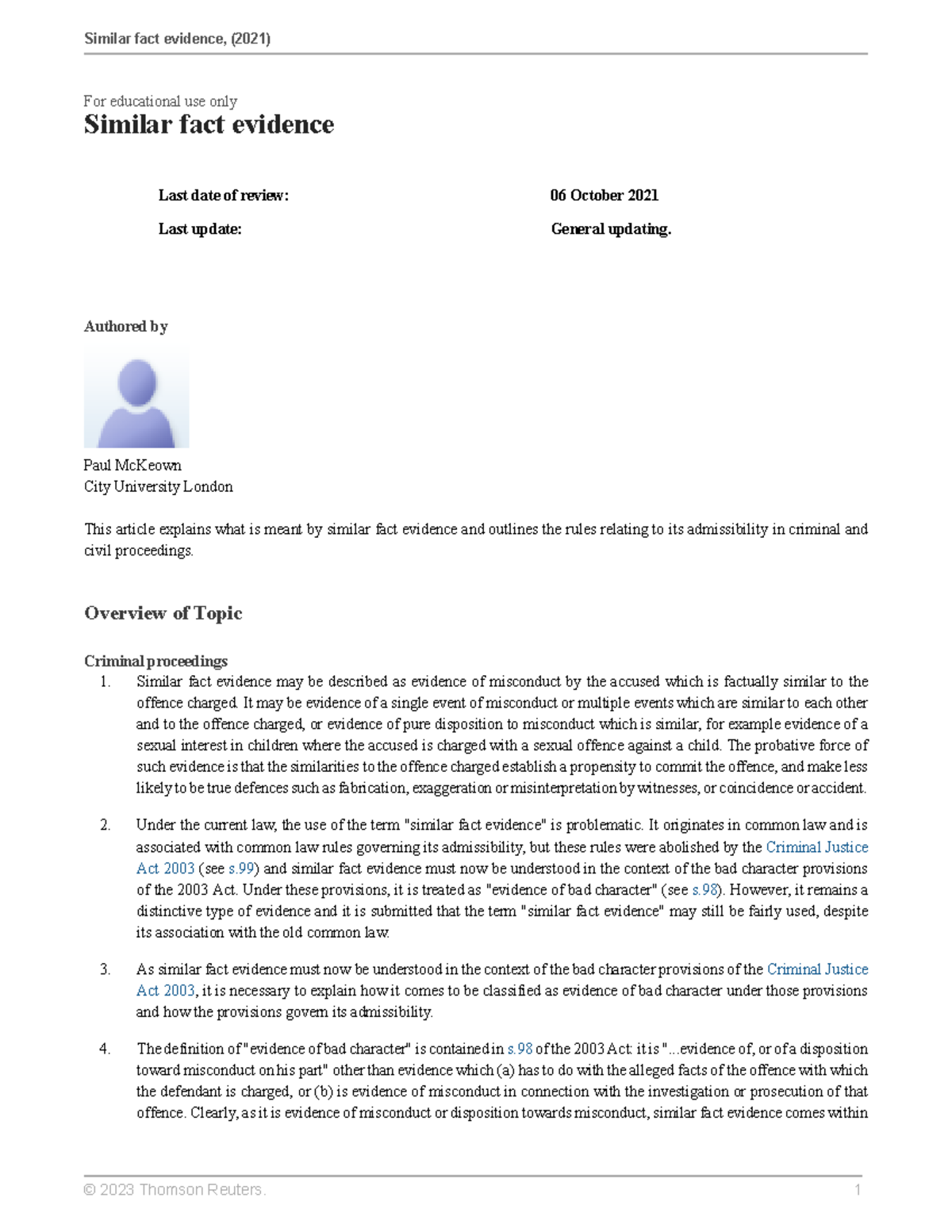 Similar fact evidence - For educational use only Similar fact evidence ...