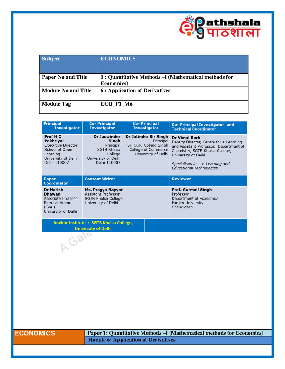 Module No and Title 6 : Application of Derivatives - ECONOMICS Paper 1 ...