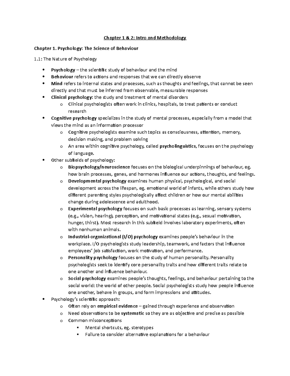 Ch. 1 & 2 Text Notes - Intro & Methodology - PSYCH1000 - UWO - Studocu