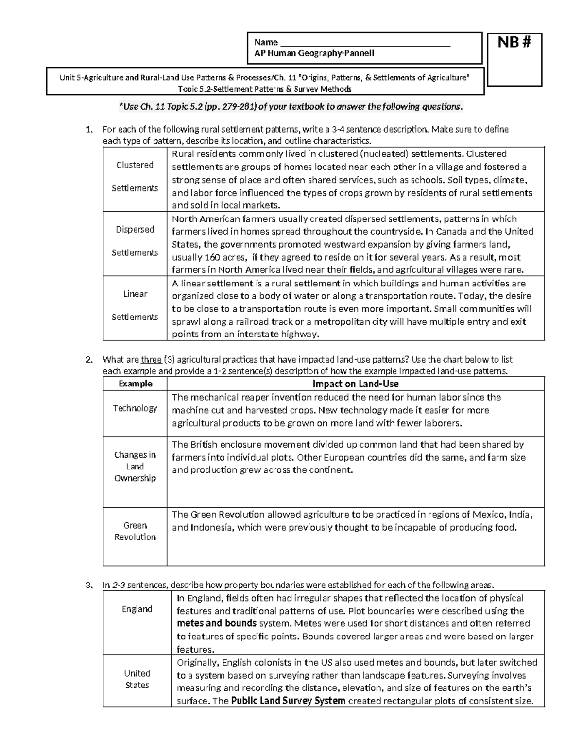 Ch. 11 Topic 5.2 Topic 5.2-Settlement Patterns & Survey Methods - Name ...