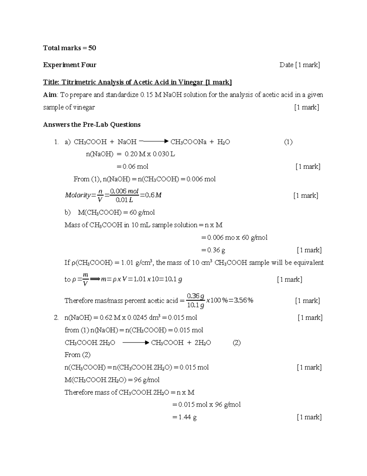 Experiment Four scheme - Total marks = 50 Experiment Four Date [1 mark ...