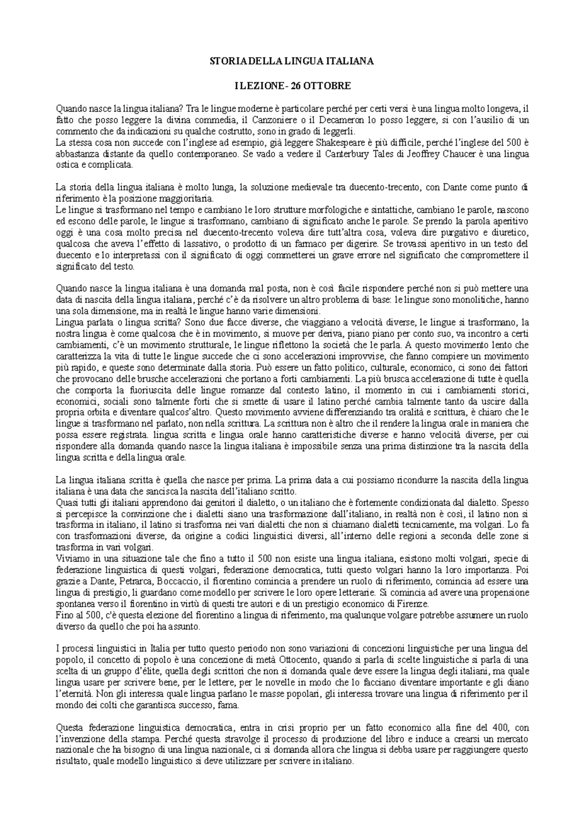 Storia della lingua word STORIA DELLA LINGUA ITALIANA I LEZIONE 26