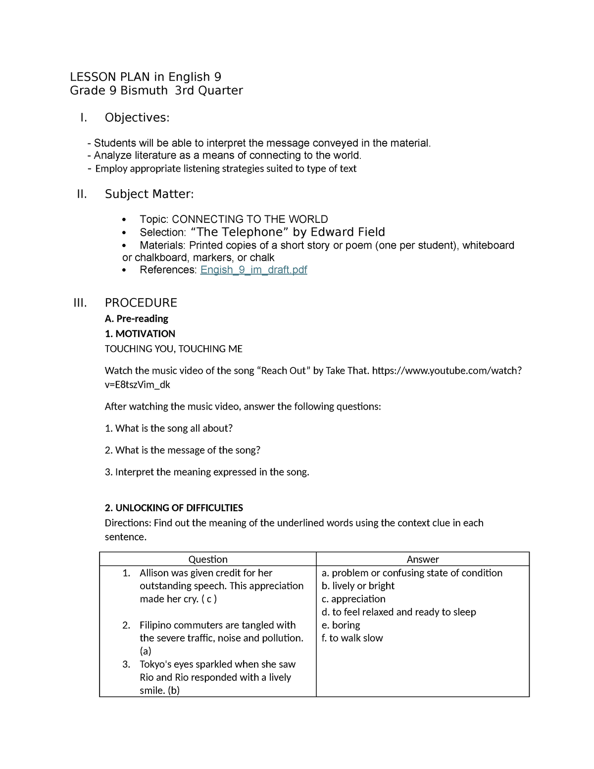 SRF Lesson Plan English 9 - LESSON PLAN in English 9 Grade 9 Bismuth ...