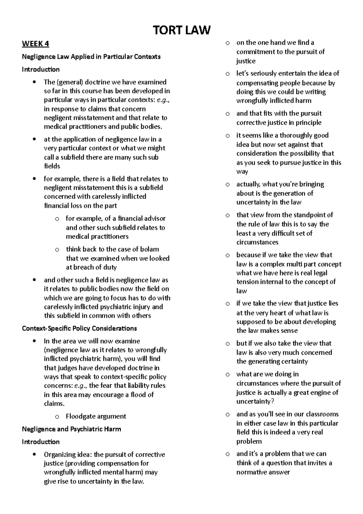 WEEK 4 - Lecture notes 4 - WEEK 4 Negligence Law Applied in Particular ...