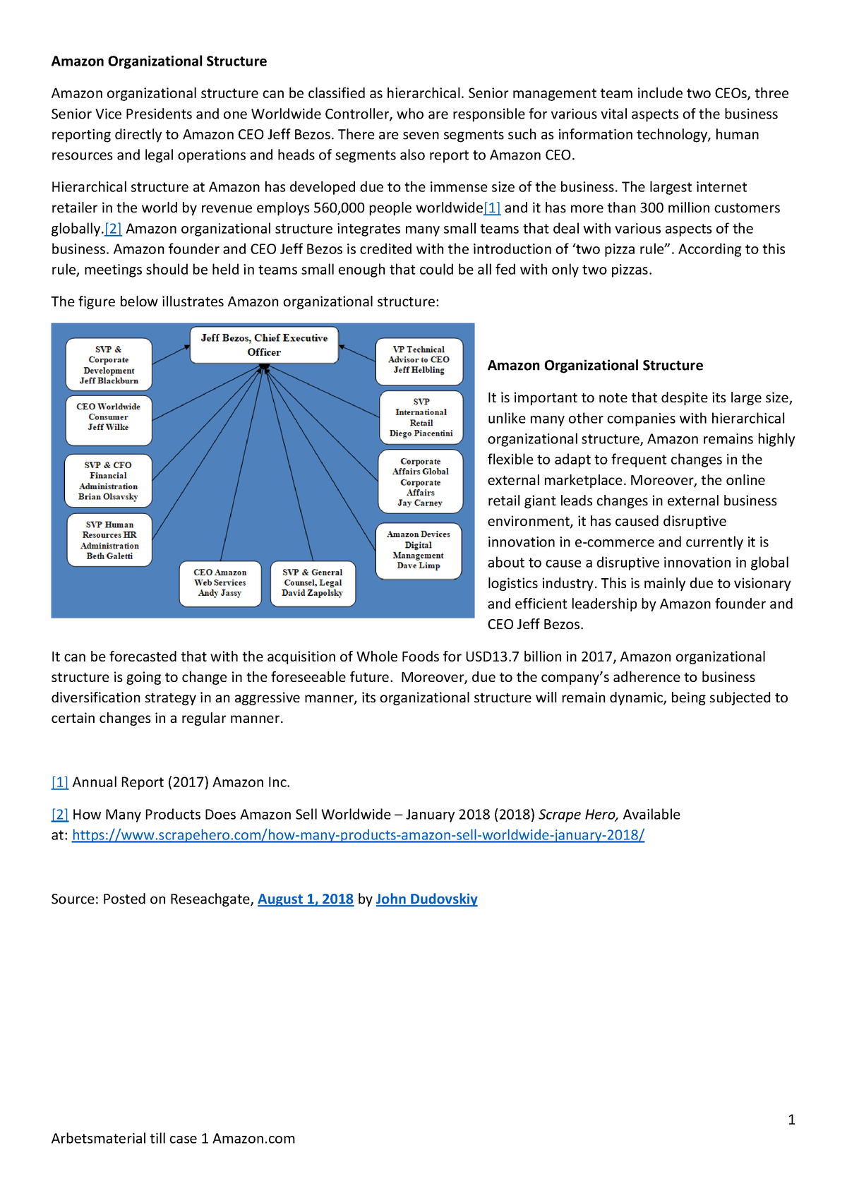 Amazon Organizational Structure 1 - 1 Arbetsmaterial till case 1 Amazon Amazon Organizational - Studocu