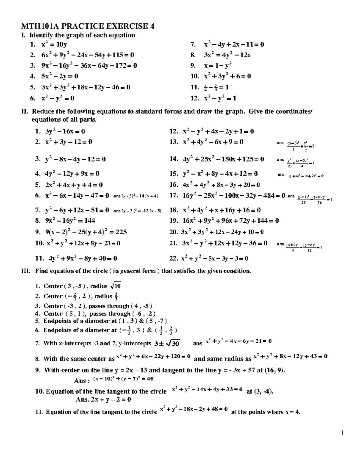 Practice Problems ON Conic Sections - 1 MTH101A PRACTICE EXERCISE 4 I ...