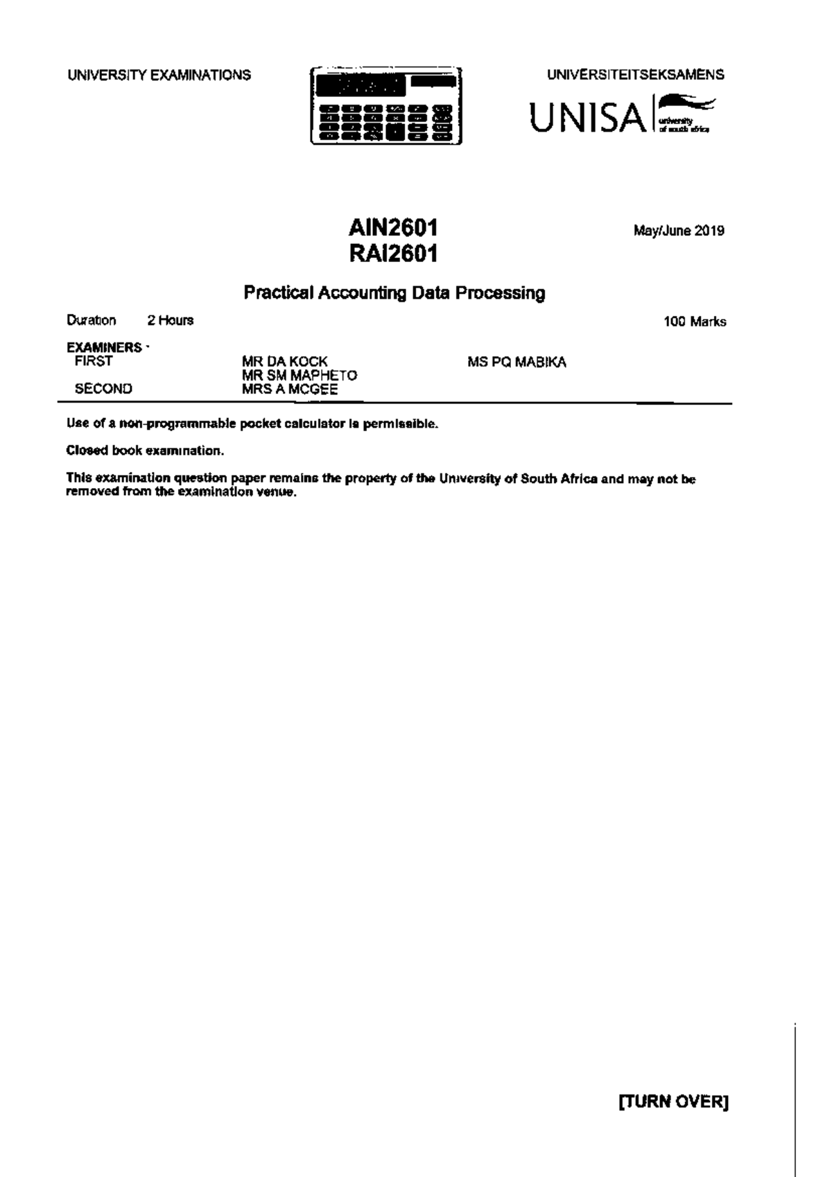 Exam past papers 2019 AIN2601 Studocu