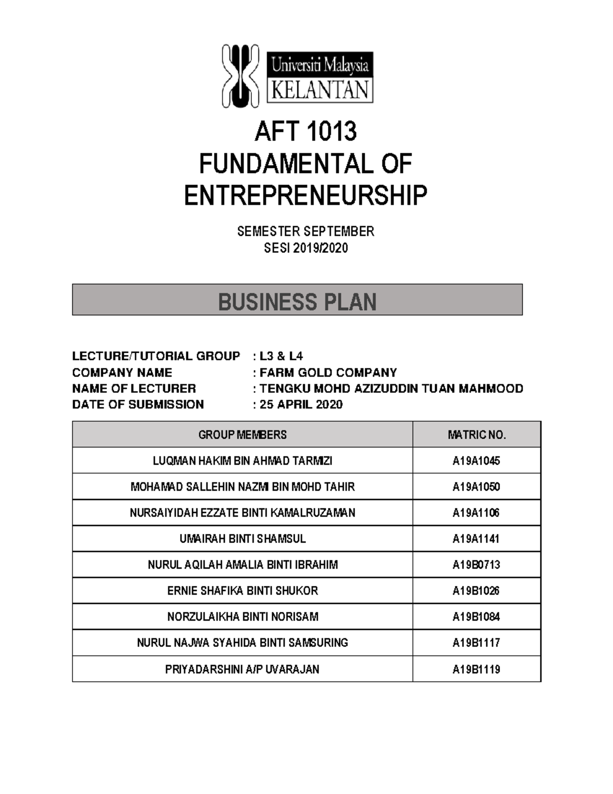 Business Plan Entrepreneurship - AFT 1013 FUNDAMENTAL OF ...