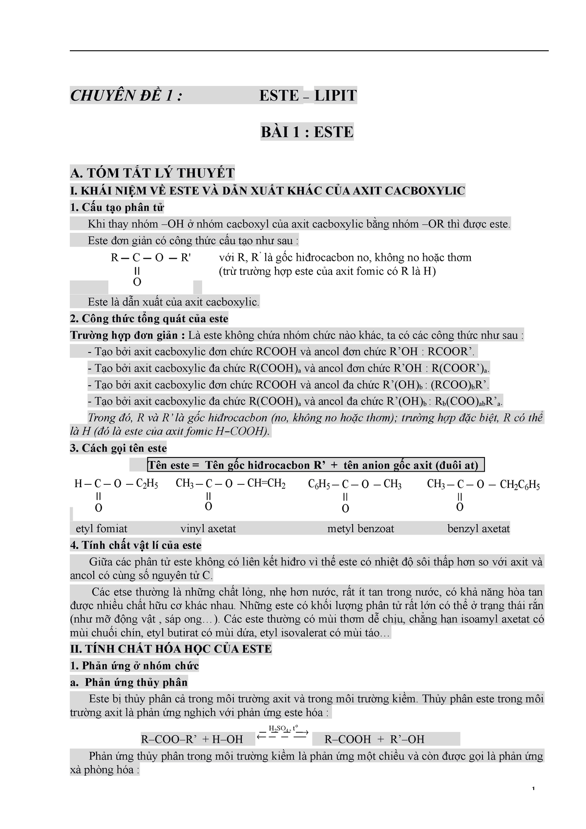 Bài Tập Chương Este Lipit - CHUYÊN ĐỀ 1 : ESTE – LIPIT BÀI 1 : ESTE A ...