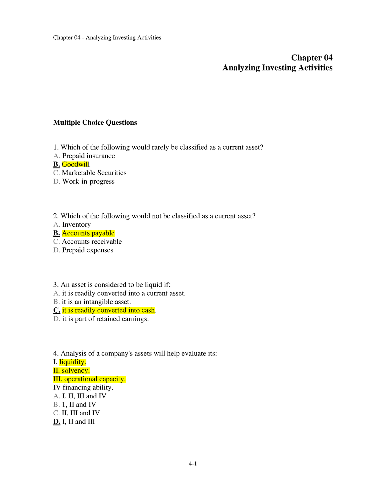 Test Bank Ptbctc 4 - Chapter 04 Analyzing Investing Activities Multiple ...