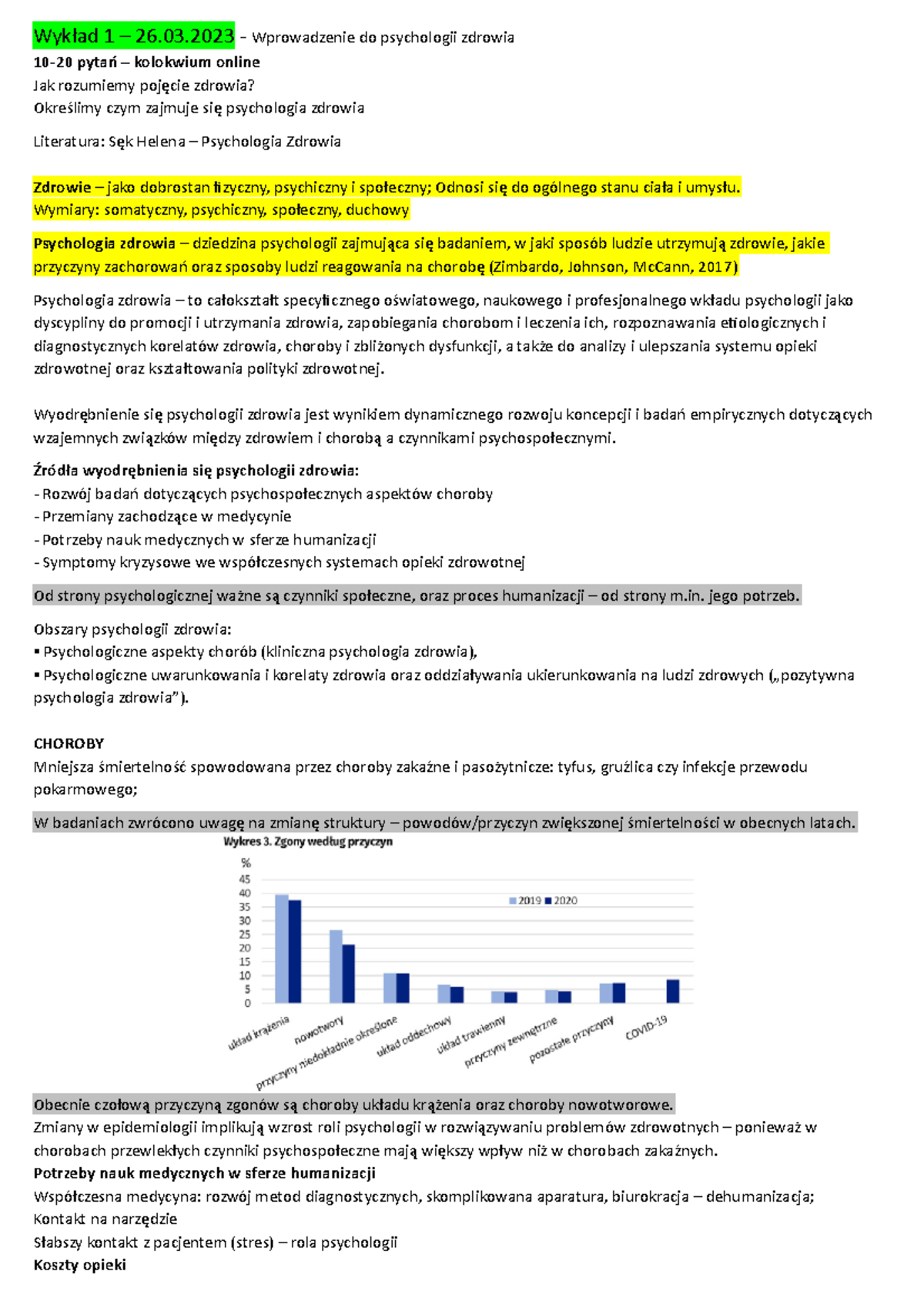 Psychologia Zdrowia - Notatki - Collegium Humanum - Studocu