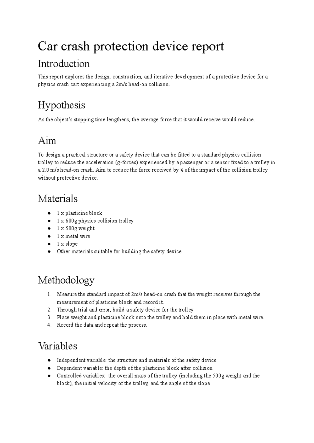 Physics Assessment - Depth Study Y11 T2 - Car crash protection device ...