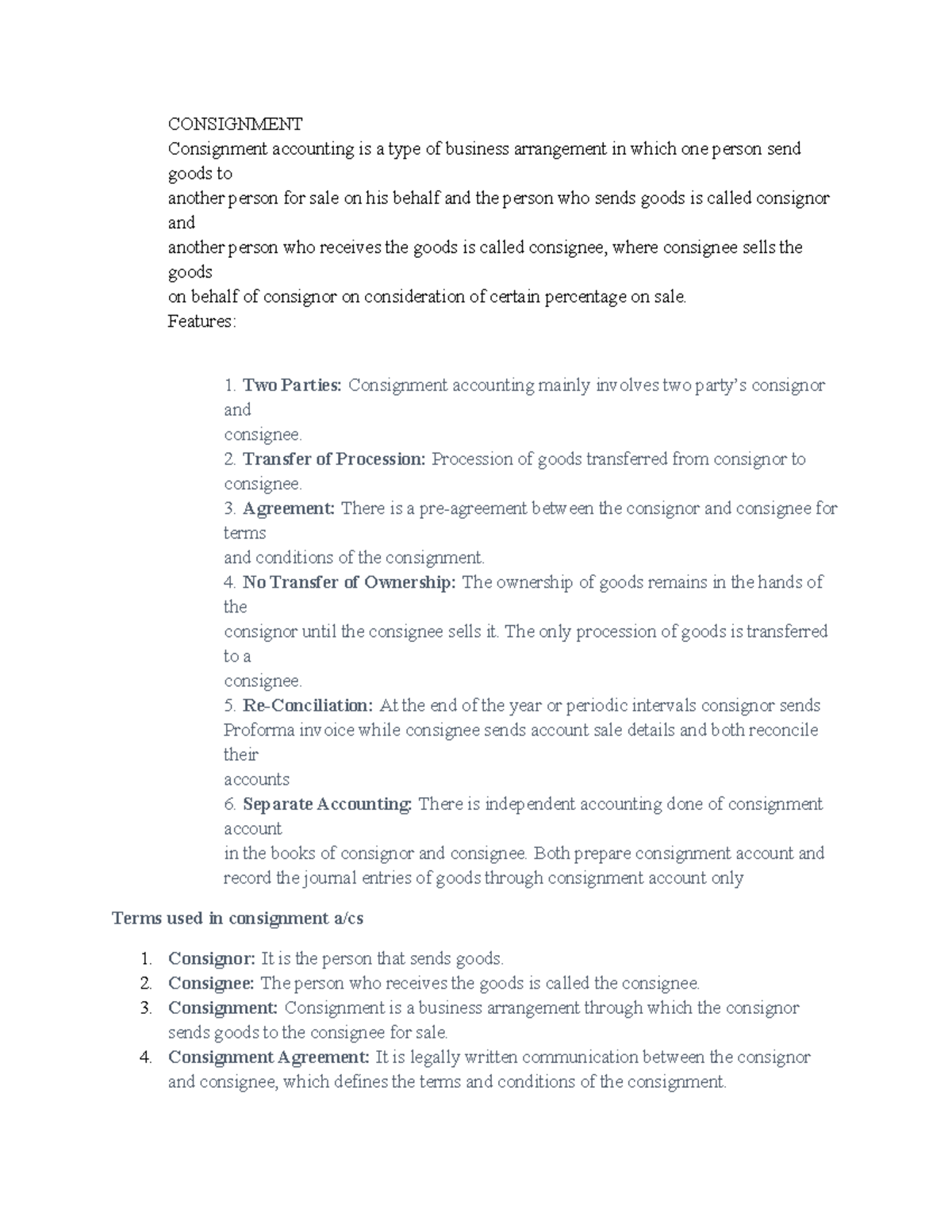 Consignment - revision notes - CONSIGNMENT Consignment accounting is a ...