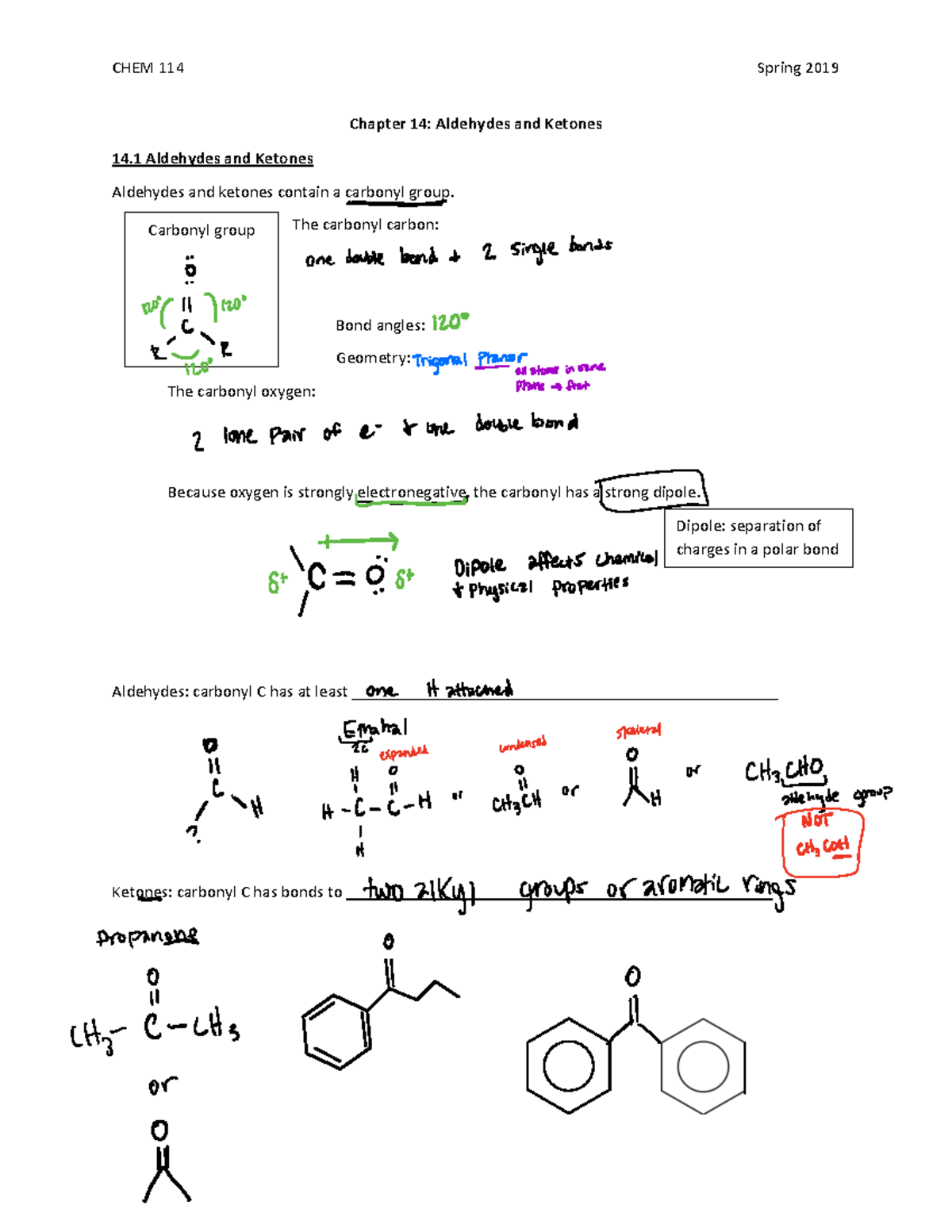 Chapter 14 notes - CHEM 114 Spring 2019 Chapter 14: Aldehydes and ...