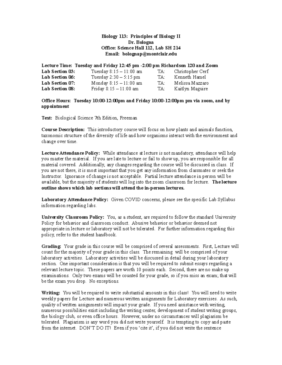 Biol 113 fall 2020 syllabus - Biology 113: Principles of Biology II Dr ...