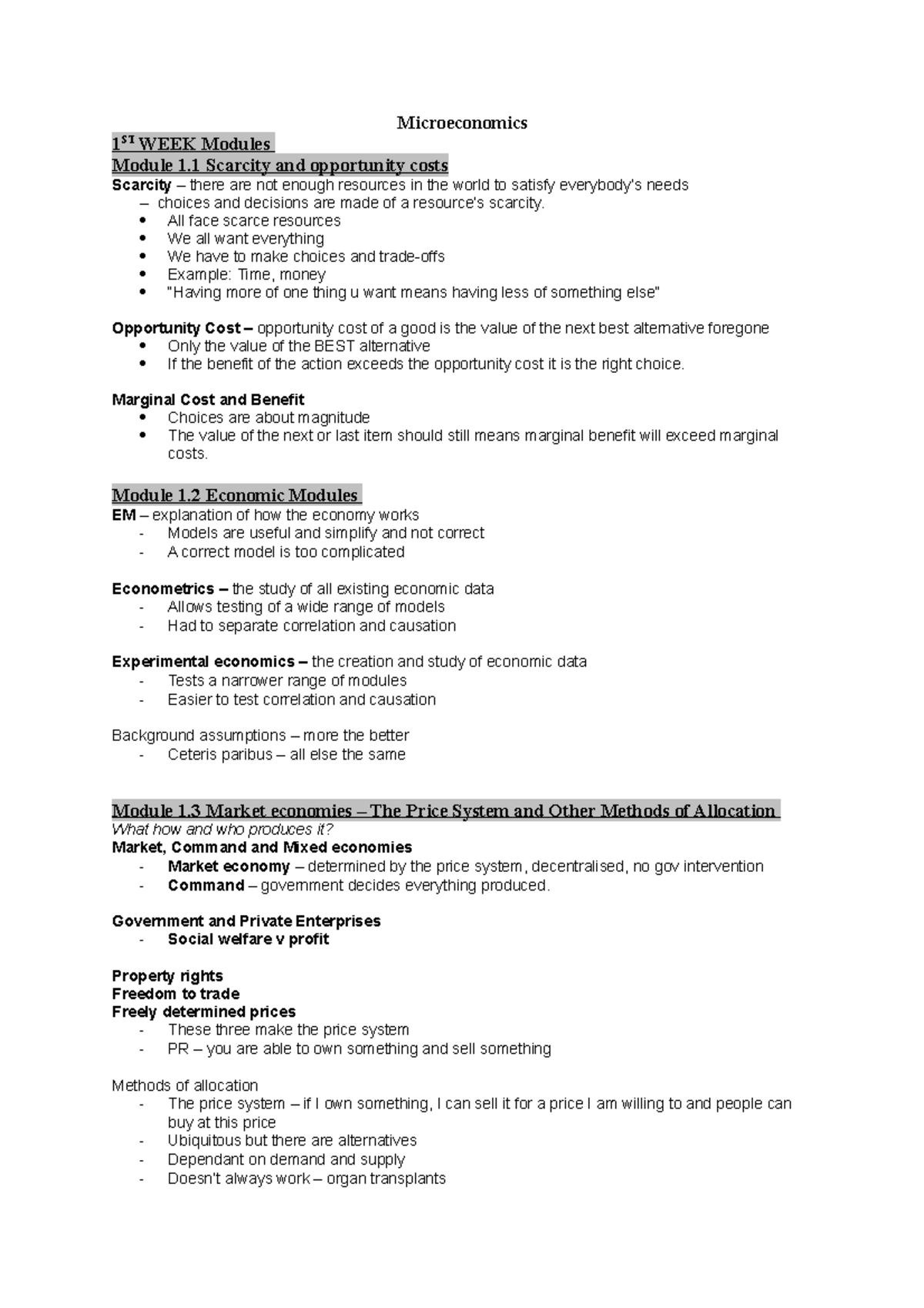 Module Notes for economics - Microeconomics 1 ST WEEK Modules Module 1 ...