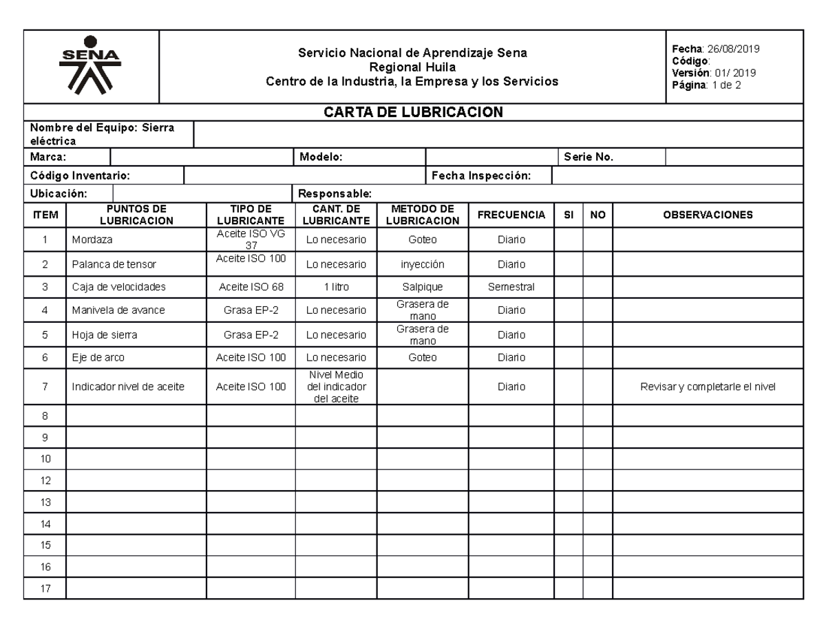 Carta De Lubricacion De Un Torno Convencional www.studocu.com
