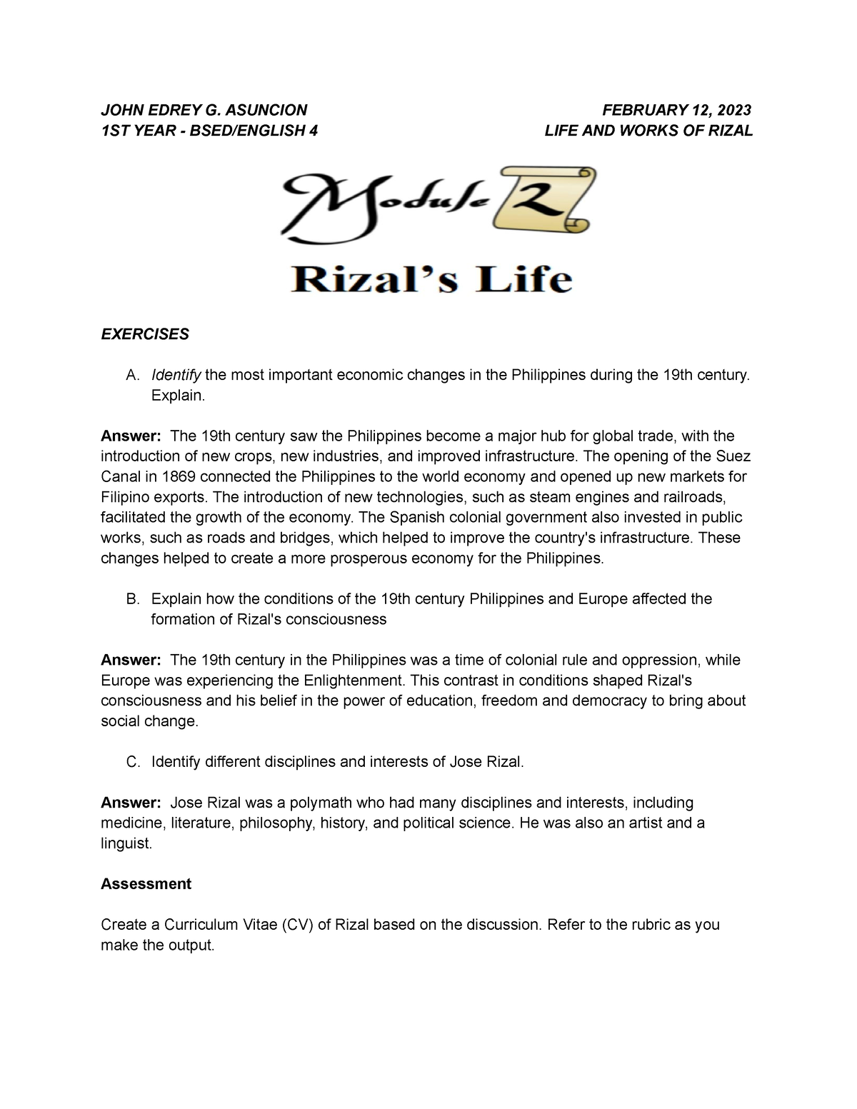 LIFE AND Works OF Rizal- Module 2 - JOHN EDREY G. ASUNCION FEBRUARY 12 ...