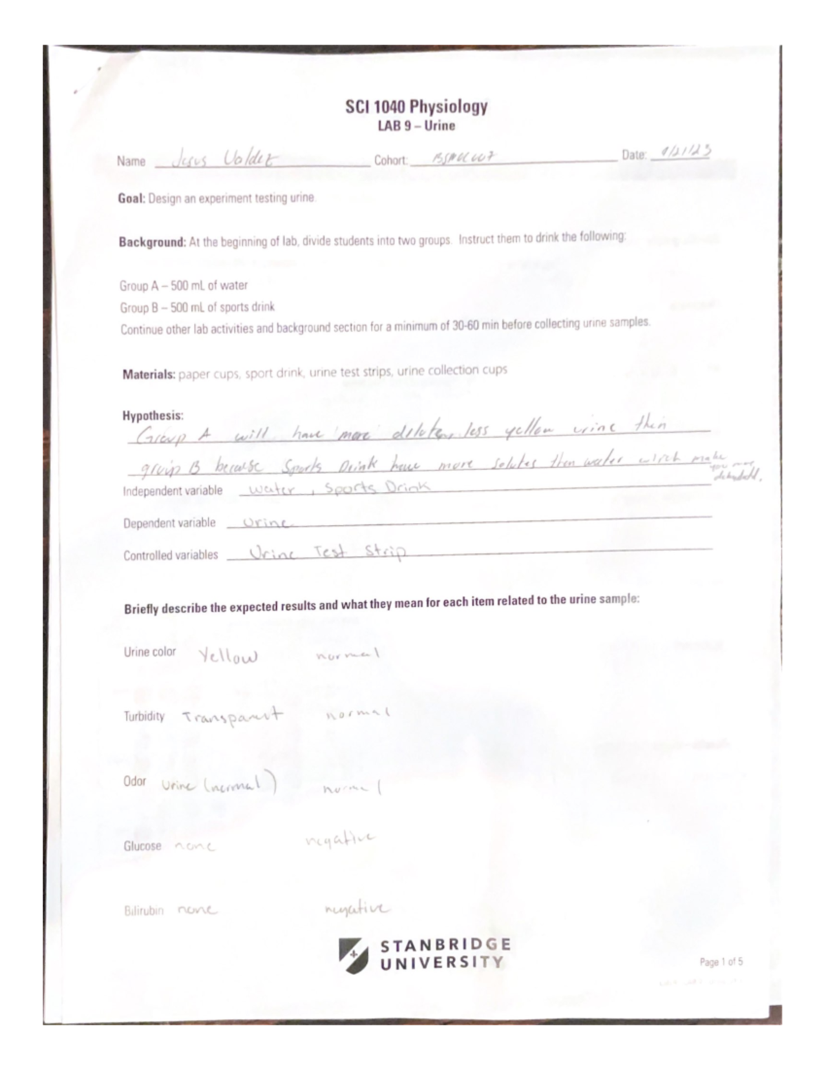 Urine lab lab answers BIO SCI M122 Studocu