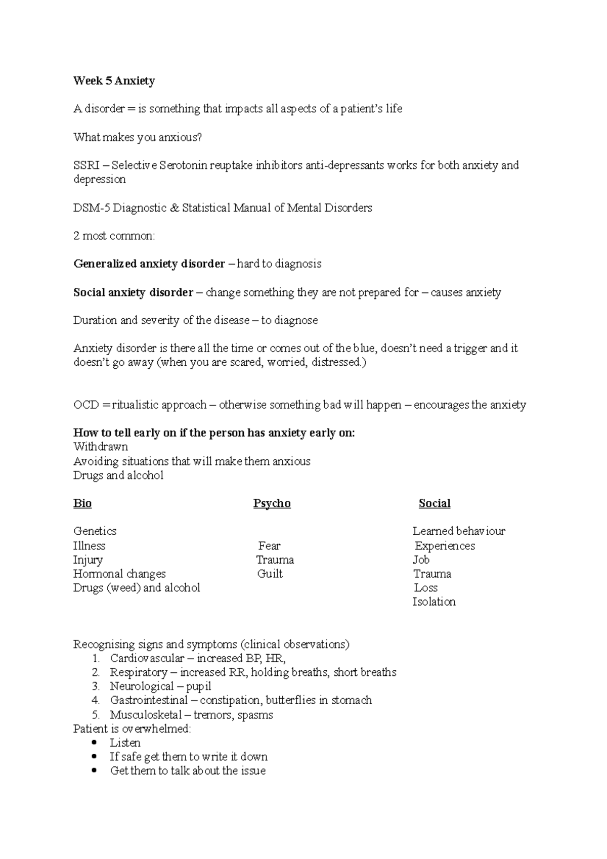 Week 5 - Lecture notes 5 - Week 5 Anxiety A disorder = is something ...