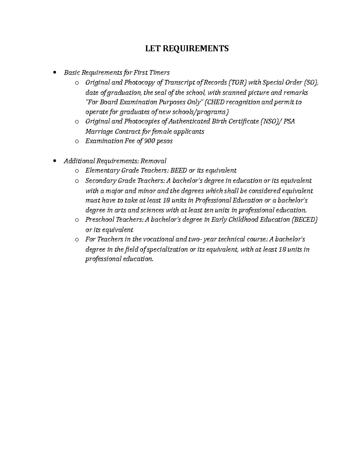 LET Requirements - LET REQUIREMENTS Basic Requirements for First Timers ...