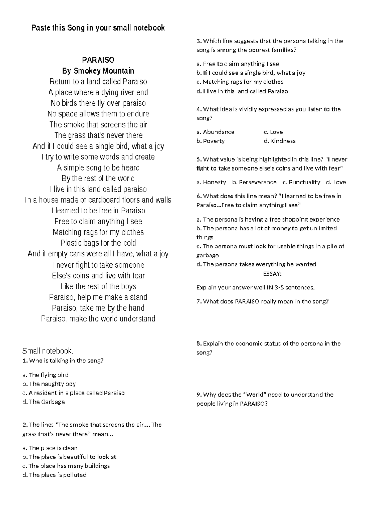 Paraiso Copy for Powerpoint Paste this Song in your small notebook PARAISO By Smokey