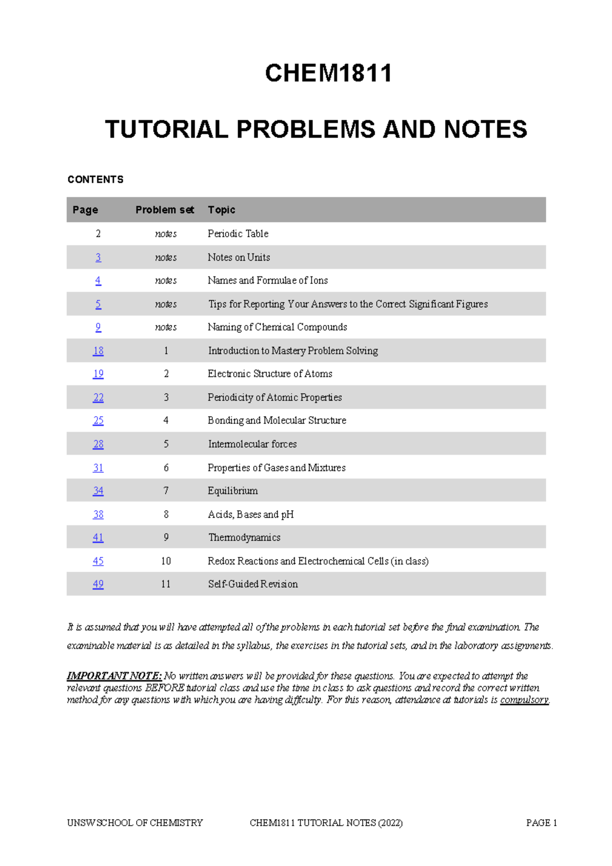 1811Tut Set T 122-v1 - UNSW SCHOOL OF CHEMISTRY CHEM1 811 TUTORIAL ...