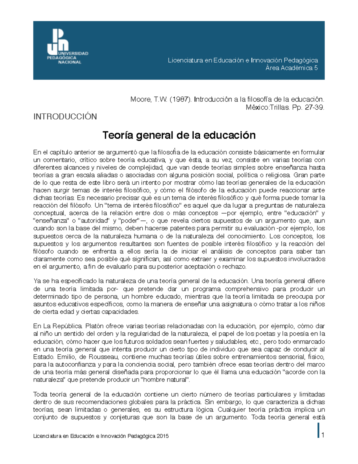 Teoria Generaldela Educacion - Moore, T. (1987). Introducción A La ...