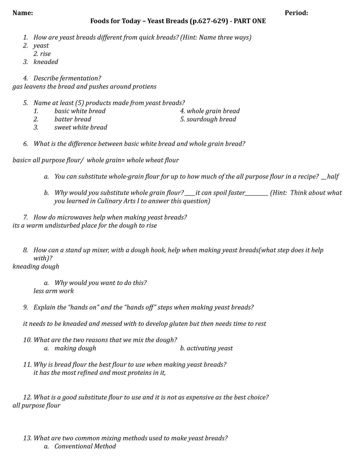 Yeast Breads Part One Chapter Reading notes - Name: Period: Foods for ...