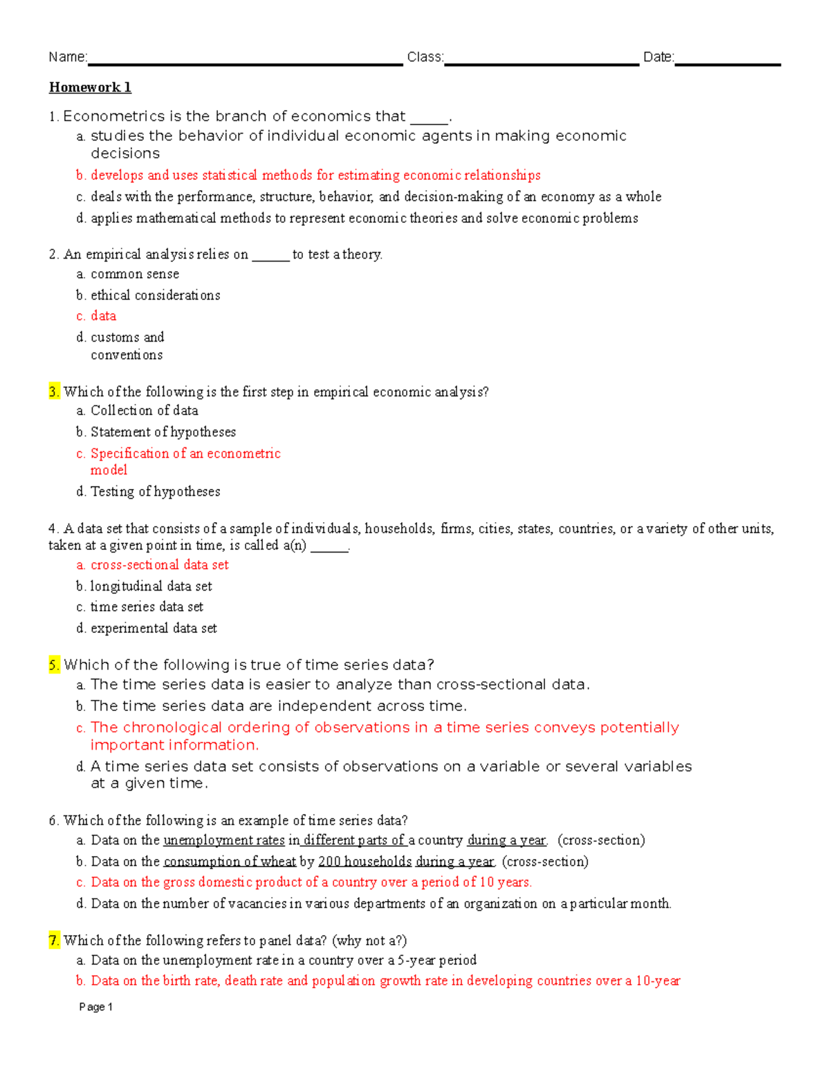 Homework+1 - Name: Class: Date: Homework 1 1. Econometrics is the ...
