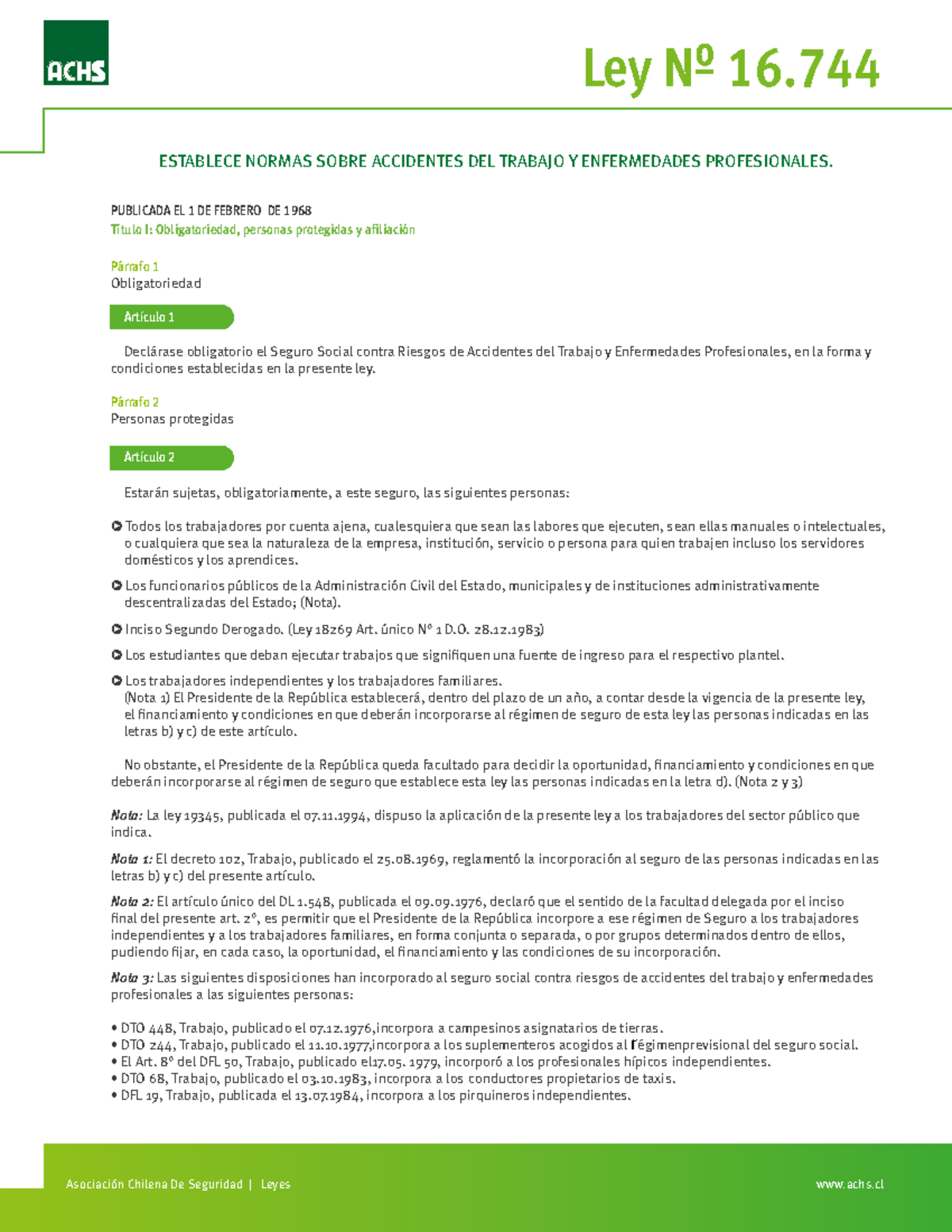 Ley-16744 [29834 ] - Ley 16744 - ESTABLECE NORMAS SOBRE ACCIDENTES DEL ...
